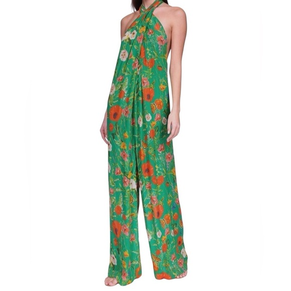 Cara Cara 100% silk Green/Orange Floral halter Jumpsuit lined scoop back size xs - Picture 1 of 13